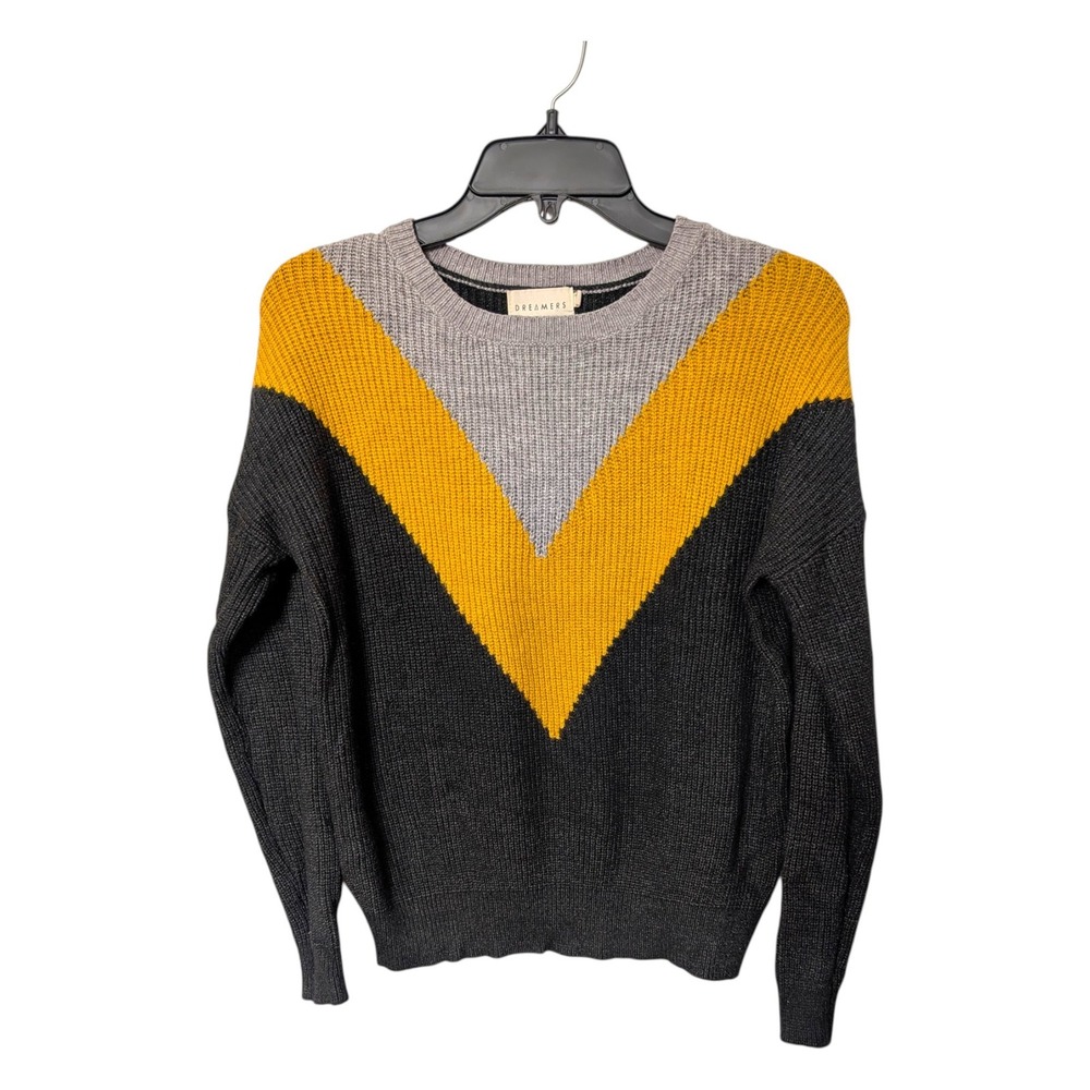 Dreamers Charcoal Grey Mustard Yellow Chevron Colorblock Crewneck Sweater Size M